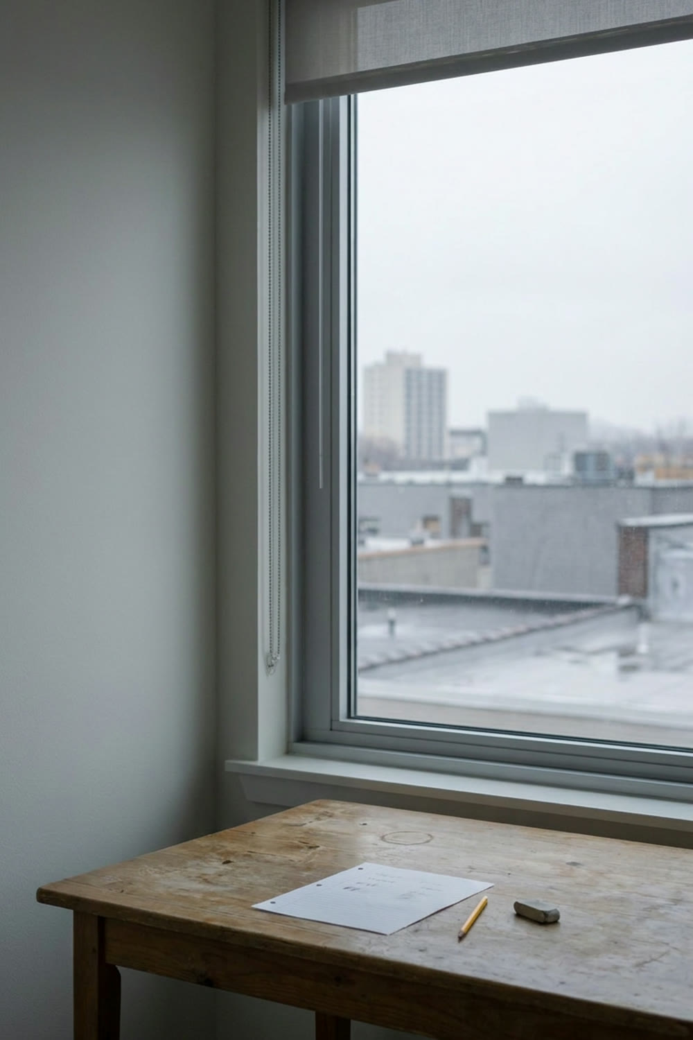 A desk by a window, a pencil, a grey eraser