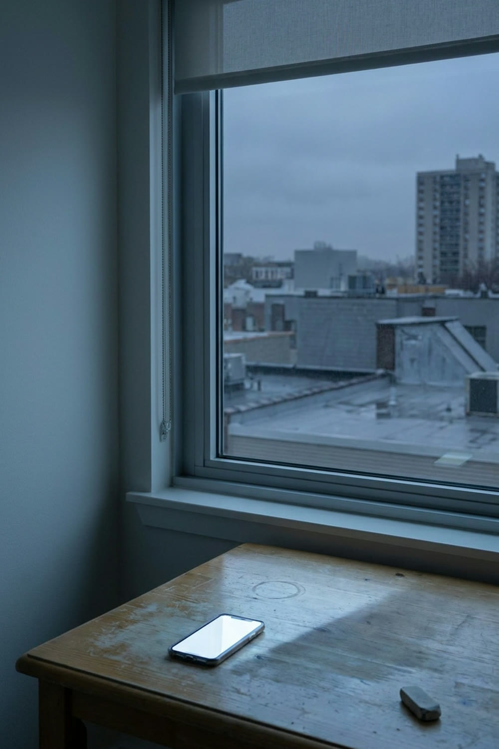 A phone lighting up on a desk at dusk